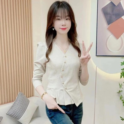 法式V领长袖衬衫女士春秋新款收腰显瘦打底衫小个子洋气短款上衣