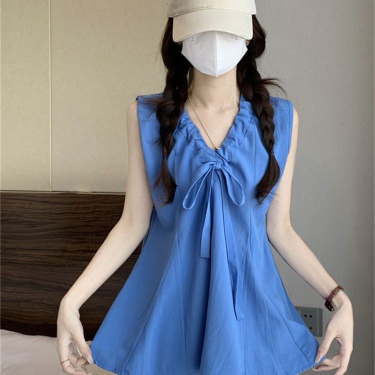 克莱因蓝V领系带无袖棉麻衬衫女夏季韩系收腰娃娃衫宽松背心上衣