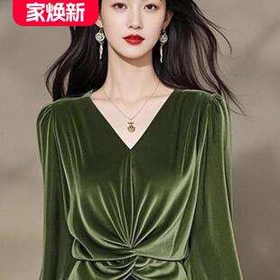 绿色丝绒长袖衬衫女2025新款秋季独特别致小上衣v领高级感打底衫