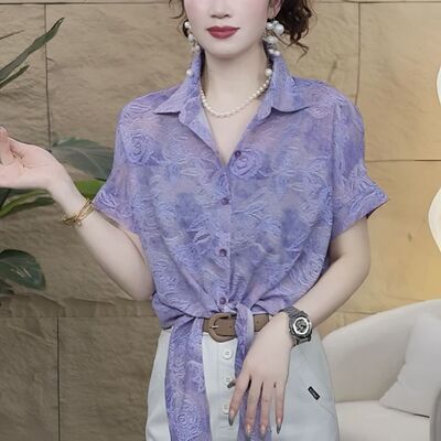 清爽大方洋气印花衬衫女夏季清凉透气短袖小开衫宽松显瘦系带上衣