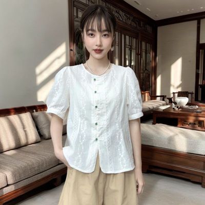 新中式刺绣薄款短袖衬衫女2025夏新款小个子气质显瘦时尚短款小衫