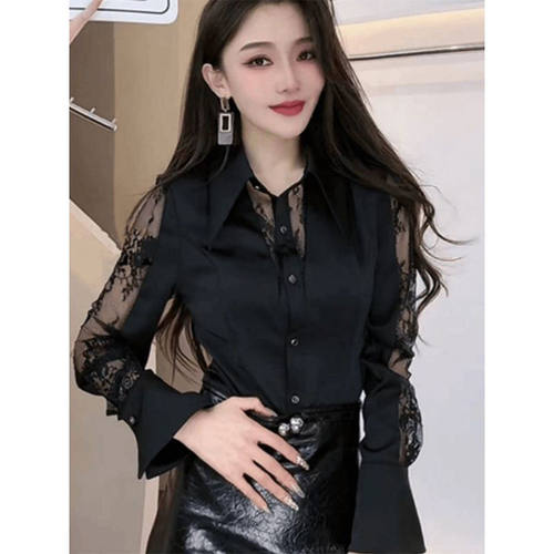 法式时尚性感蕾丝拼接Polo领长袖衬衫女秋季新款收腰显瘦百搭上衣