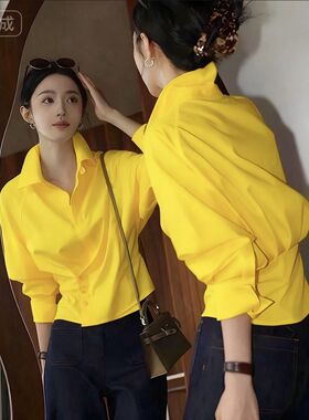 韩系甜美黄色翻领短款衬衫女2025秋季新款洋气减龄掐腰显瘦上衣服