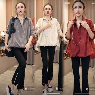 款 洋气减龄网纱拼接宽松中长款 时尚 条纹斗篷衬衫 衬衣 宽松长袖 秋季
