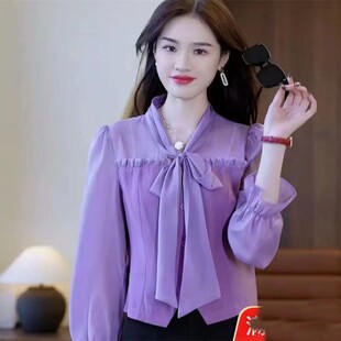 2025春秋新款蝴蝶结雪纺衬衫长袖女遮肉修身显瘦时尚洋气百搭衬衣