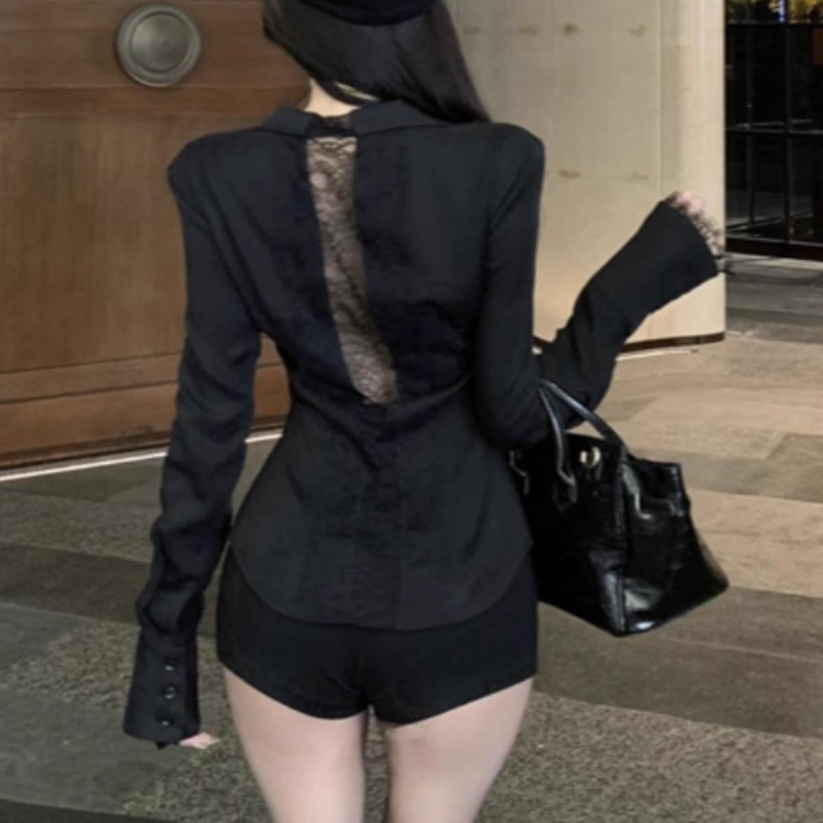 纯欲收腰显瘦黑色百搭长袖衬衫女小V领蕾丝拼接打底内搭短款上衣