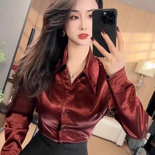 欧货POLO领缎绸长袖衬衫女2025年秋冬新款修身显瘦百搭洋气上衣潮