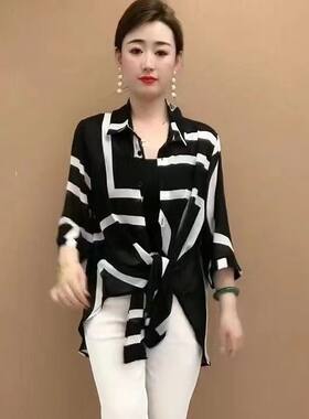中年妈妈夏装新款时尚韩版条纹中长款衬衣女防晒衣女外穿开衫