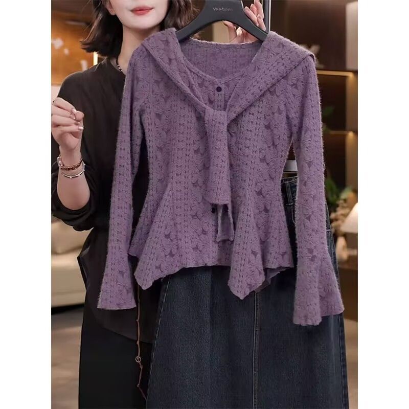 设计感披肩紫色喇叭袖小衫女2025秋冬新款时尚气质短款小众上衣