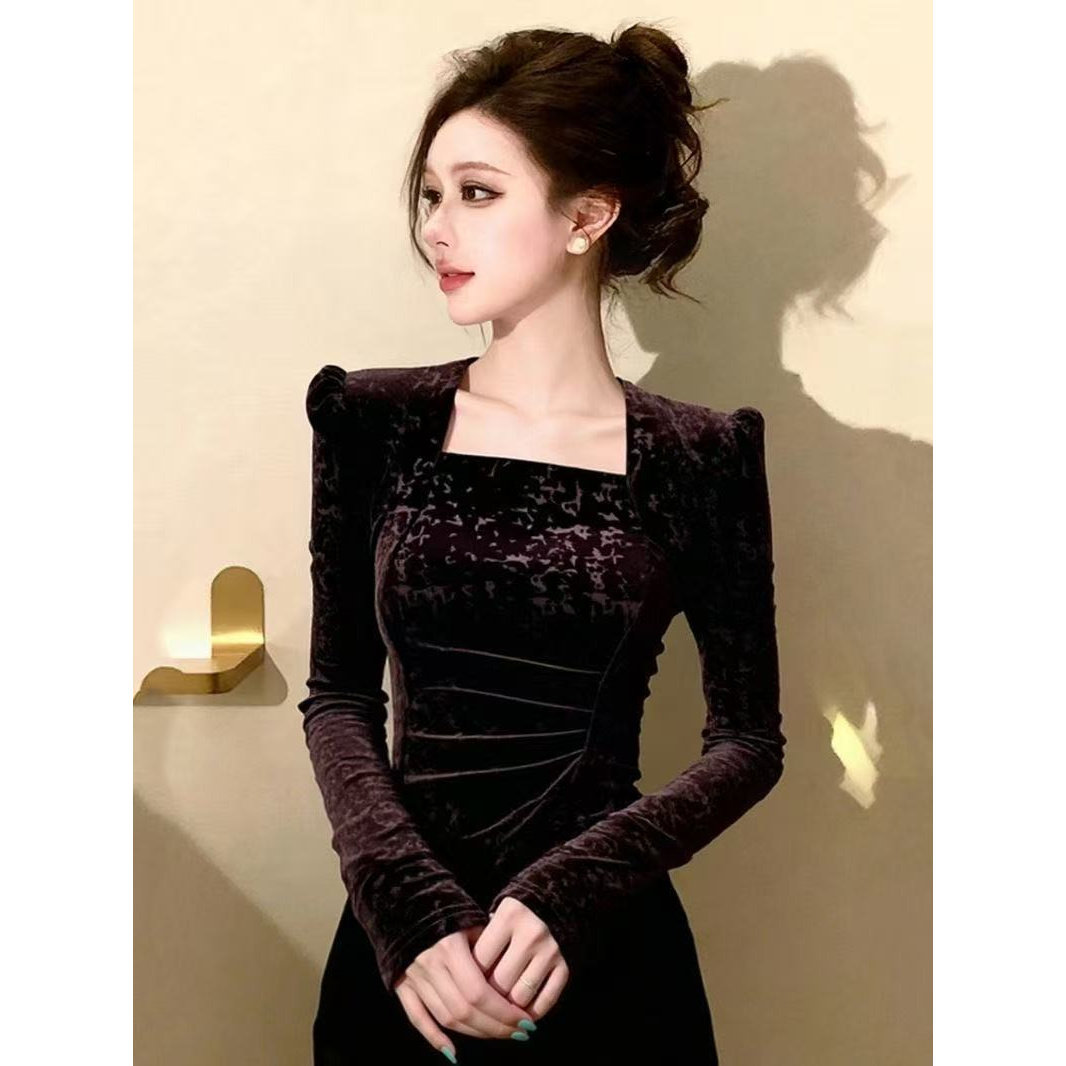 法式气质轻奢方领丝绒打底衫女内搭秋冬独特漂亮修身正肩显瘦上衣,女装/女士精品,T恤,淘宝优惠券,粉丝福利购,淘宝优惠卷