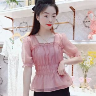 收腰显瘦减龄上衣女 方领雪纺衬衫 女2025年夏季 新款 设计感泡泡袖
