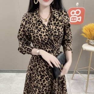 气质御姐范雪纺豹纹连衣裙女V领衬衫裙时尚百搭中长款系带长袖裙