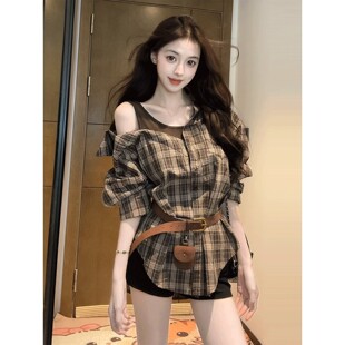 露肩衬衫 复古气质拼接假两件格子长袖 设计感休闲上衣 新款 2025秋季
