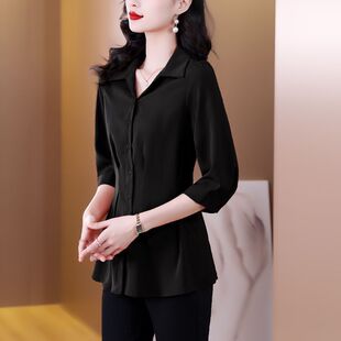 黑色收腰短袖雪纺衬衫女款夏季大码胖mm时尚洋气独特V领衬衣上衣