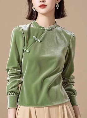 绿色丝绒新中式盘扣立领长袖套头衫修身百搭斜襟短款气质打底上衣
