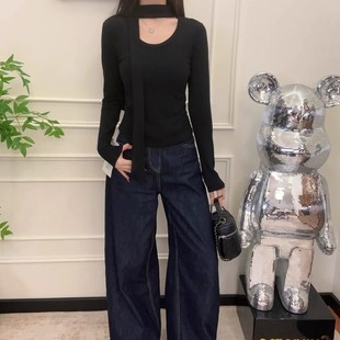 显瘦打底衫 韩式 T恤女早秋修身 小众设计感飘带V领长袖 百搭上衣 新款