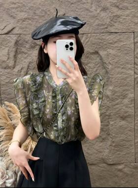小众设计感碎花无袖衬衫女夏季透气雪纺立领荷叶边气质通勤上衣女