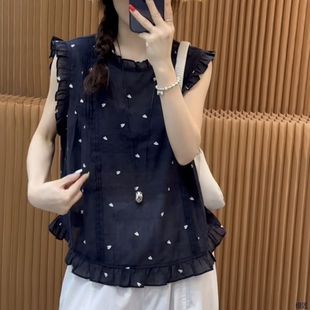 碎花雪纺衫 新款 木耳边无袖 女2025夏季 显瘦减龄花边飞飞袖 洋气小衫