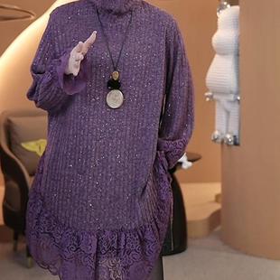 新款时尚长袖韩系2025高领花边冬季拼接亮闪闪蕾丝打底上衣通勤潮