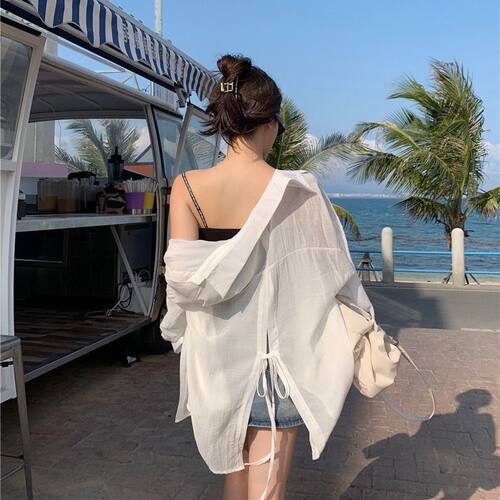 后背系带开叉防晒衬衫女2025夏季新款薄款透气海边度假风防晒外套