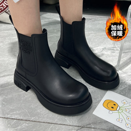 欧美短靴女烟筒靴冬季加绒牛皮