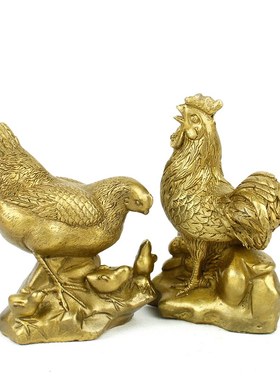 纯黄铜鸡公鸡母鸡一对摆件