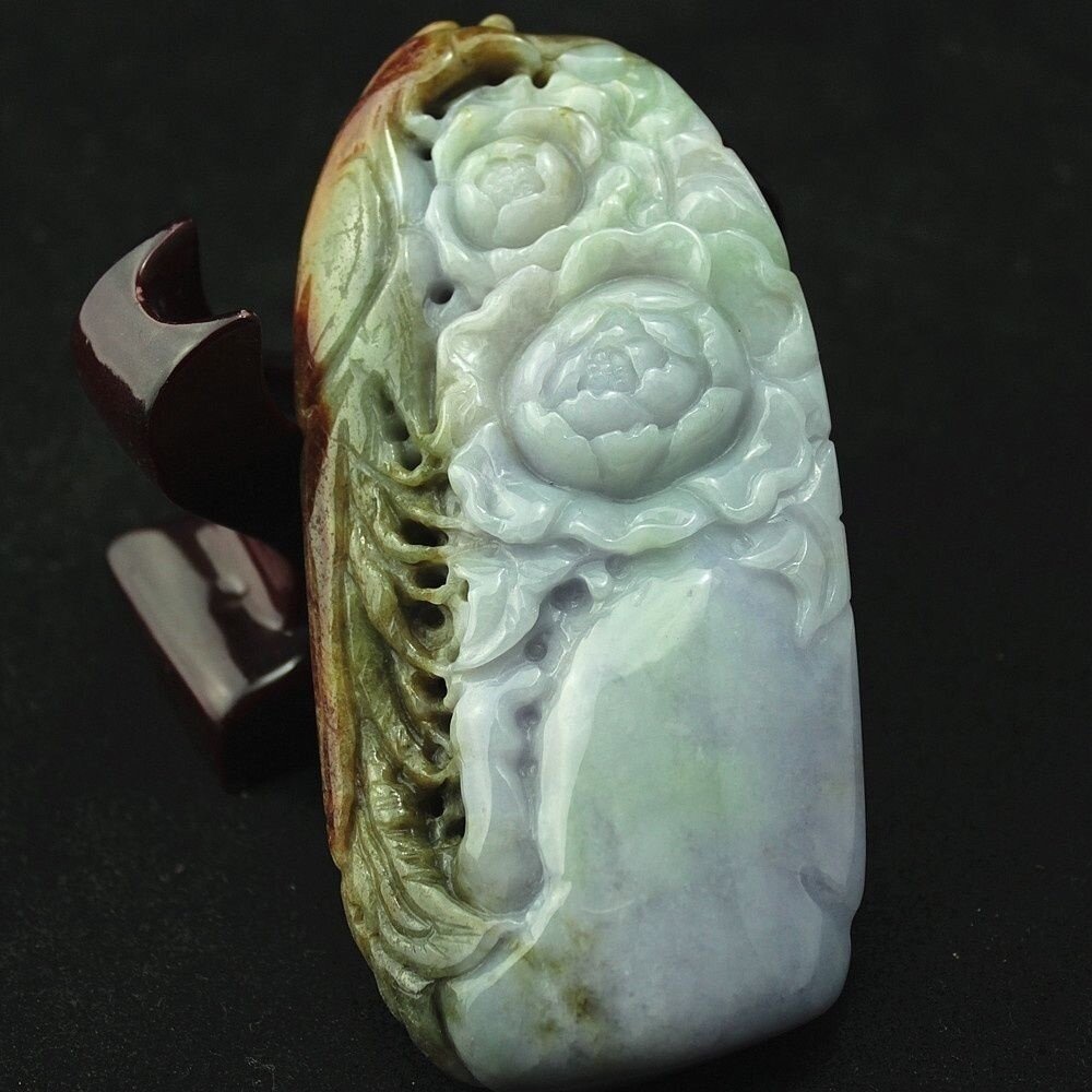 缅甸天然翡翠A货玉器 糯种红翡紫罗兰浅绿花开富贵大挂件摆件