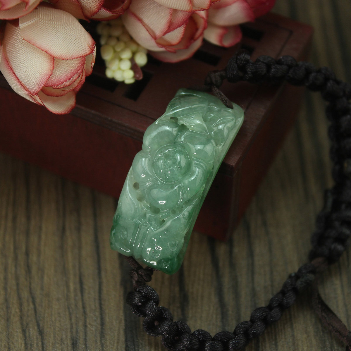 缅甸天然翡翠A货玉器 老坑冰糯种飘绿蝴蝶花开富贵手牌手链 包邮