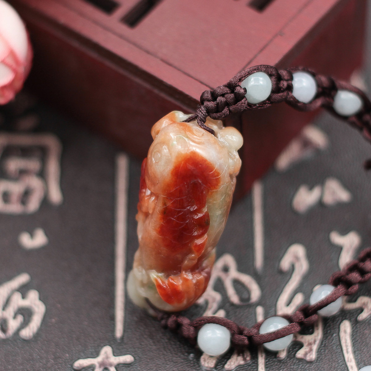 特价 缅甸天然翡翠A货玉器 老坑糯种红翡年年有余鲤鱼手牌 包邮