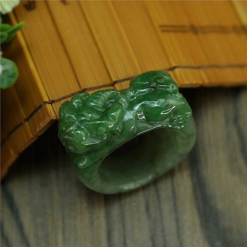 19mm 正品天然缅甸翡翠A货玉器 糯种油青招财貔貅男女款戒指 包邮