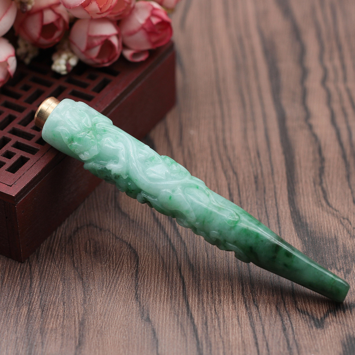 特价 缅甸天然翡翠A货玉器 糯种飘绿如意招财貔貅烟嘴 带滤嘴包邮