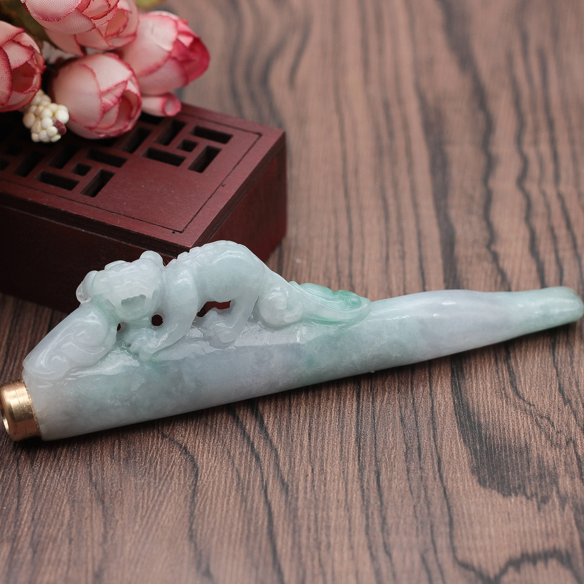 特价 缅甸天然翡翠A货玉器 糯种白玉飘绿招财貔貅烟嘴 带滤嘴包邮