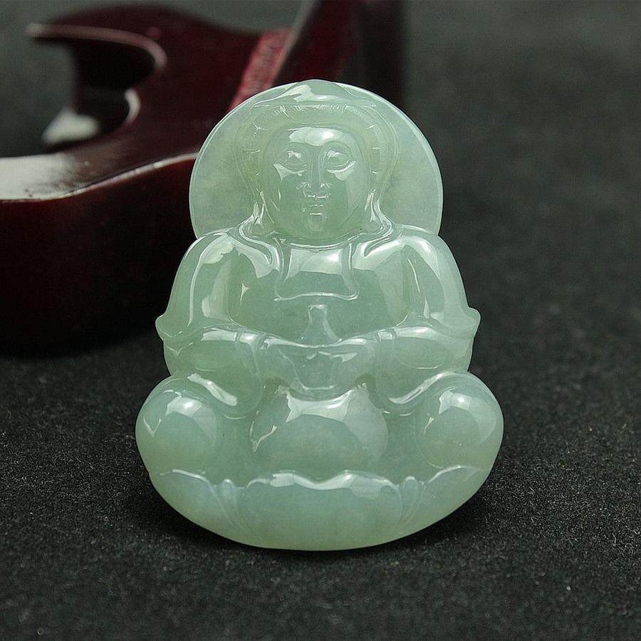 特价 缅甸天然翡翠A货玉器 精雕老坑冰糯种浅绿观音吊坠 包邮