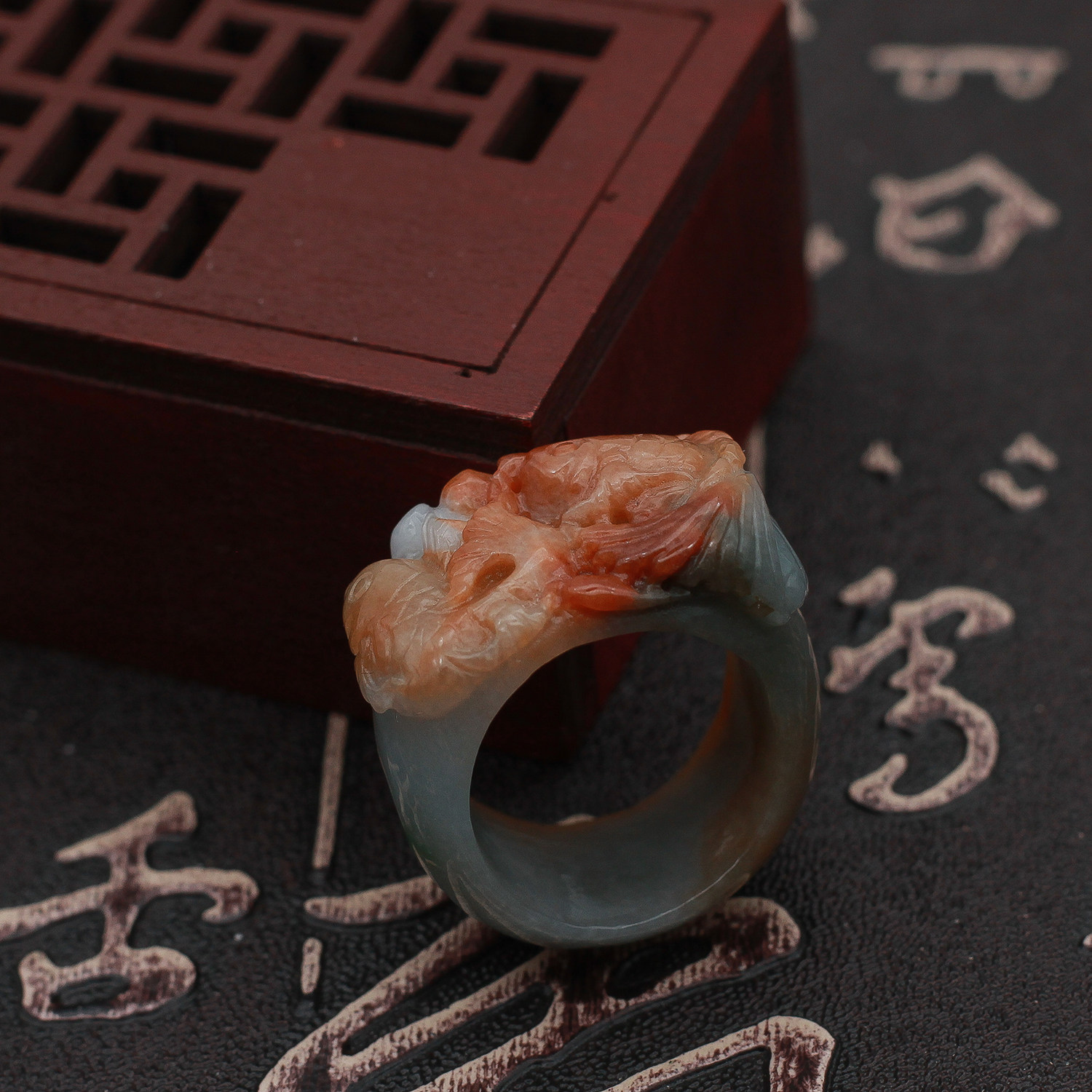 18.8mm工厂直销 缅甸A货翡翠玉器 糯种红翡年年有余鲤鱼戒指 包邮