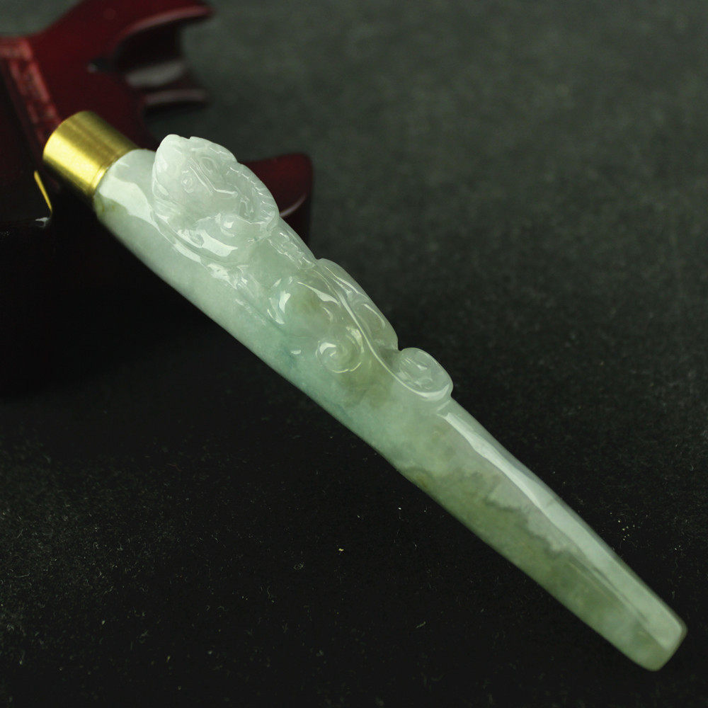 特价 缅甸天然翡翠A货玉器 老坑糯种油青草龙螭龙烟嘴带滤嘴 包邮