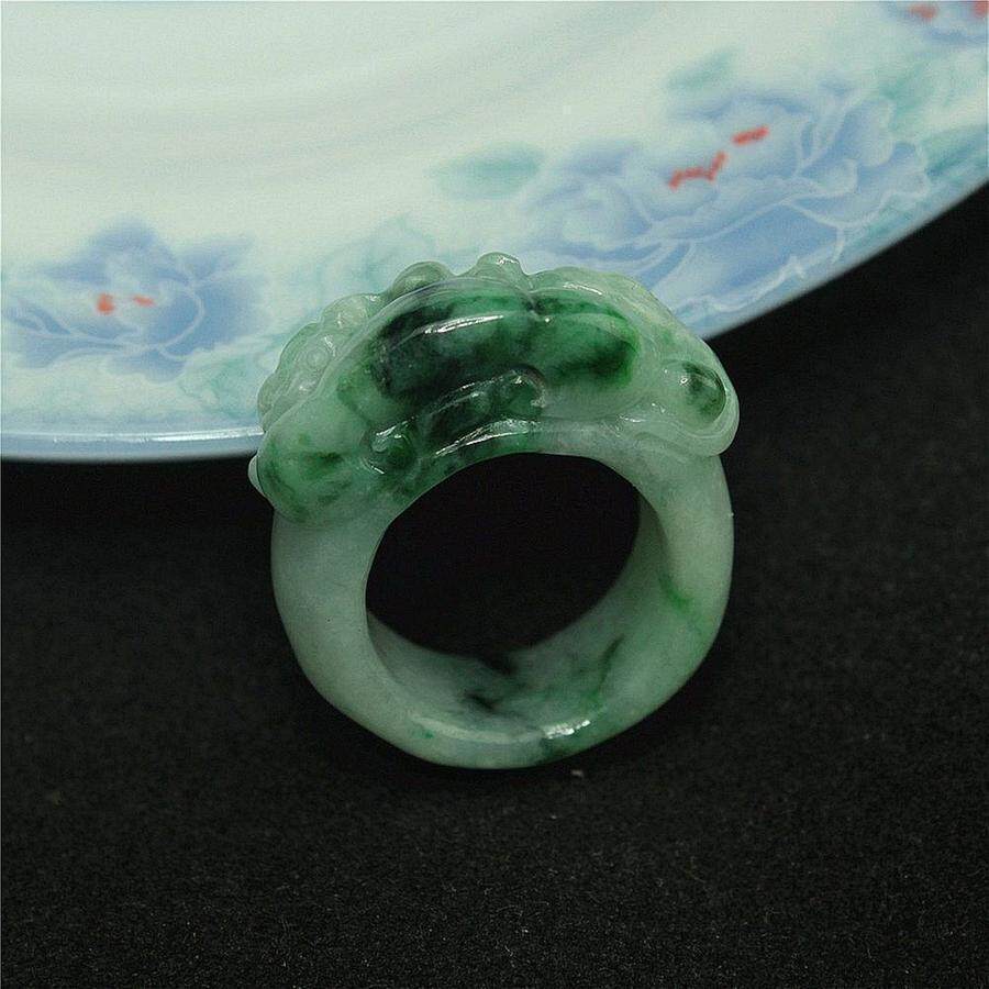 19mm 特价 缅甸天然翡翠A货玉器 糯种飘绿如意招财貔貅戒指 包邮