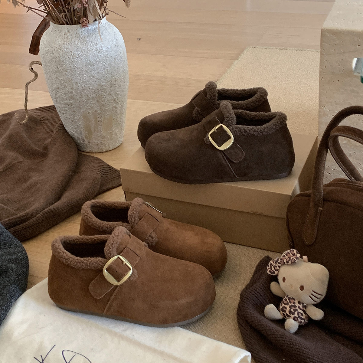 宝小姐时尚勃肯鞋女2025秋冬季新款加绒小个子一脚蹬毛毛棉鞋单鞋