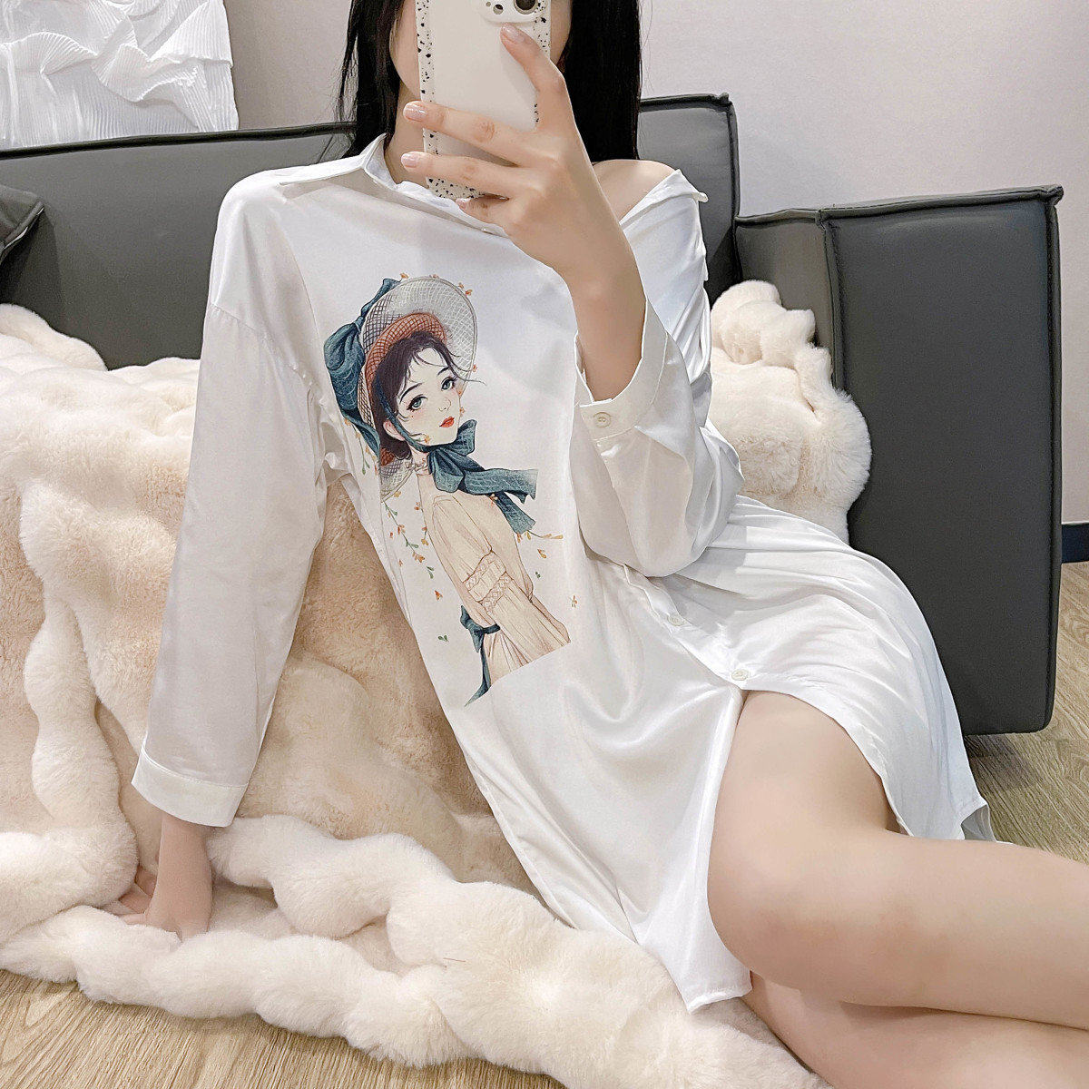 睡衣女夏天薄款冰丝卡通睡裙新款宽松性感甜美白衬衫网红款家居服