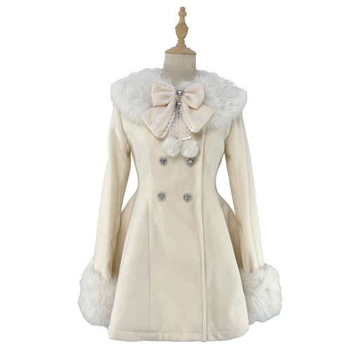 蕾蕾大衣原创小个子可拆卸毛领毛呢大衣女2025秋冬新款蝴蝶结外套