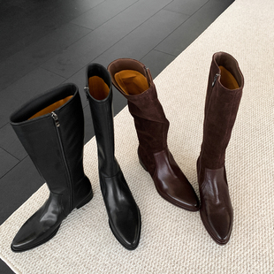 college。老钱风· 水洗牛皮黑色尖头平底骑士靴25新款直筒长靴女