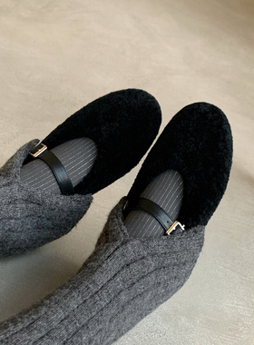 chilly。盐系 · 羊毛黑色内增高毛毛鞋2025新款平底玛丽珍单鞋女