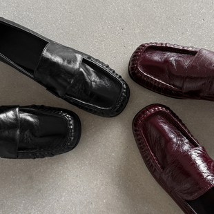 26新品 平底单鞋 方头小皮鞋 女 褶皱牛皮黑色一脚蹬乐福鞋 lazy