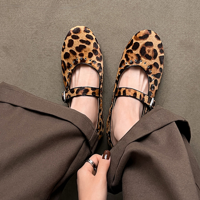新宠儿。豹纹马毛真皮平底玛丽珍鞋女2025新款春内增高芭蕾舞单鞋