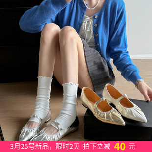 26新品 配裙子白色平底单鞋 法式 女 褶皱银色尖头玛丽珍鞋 lazy