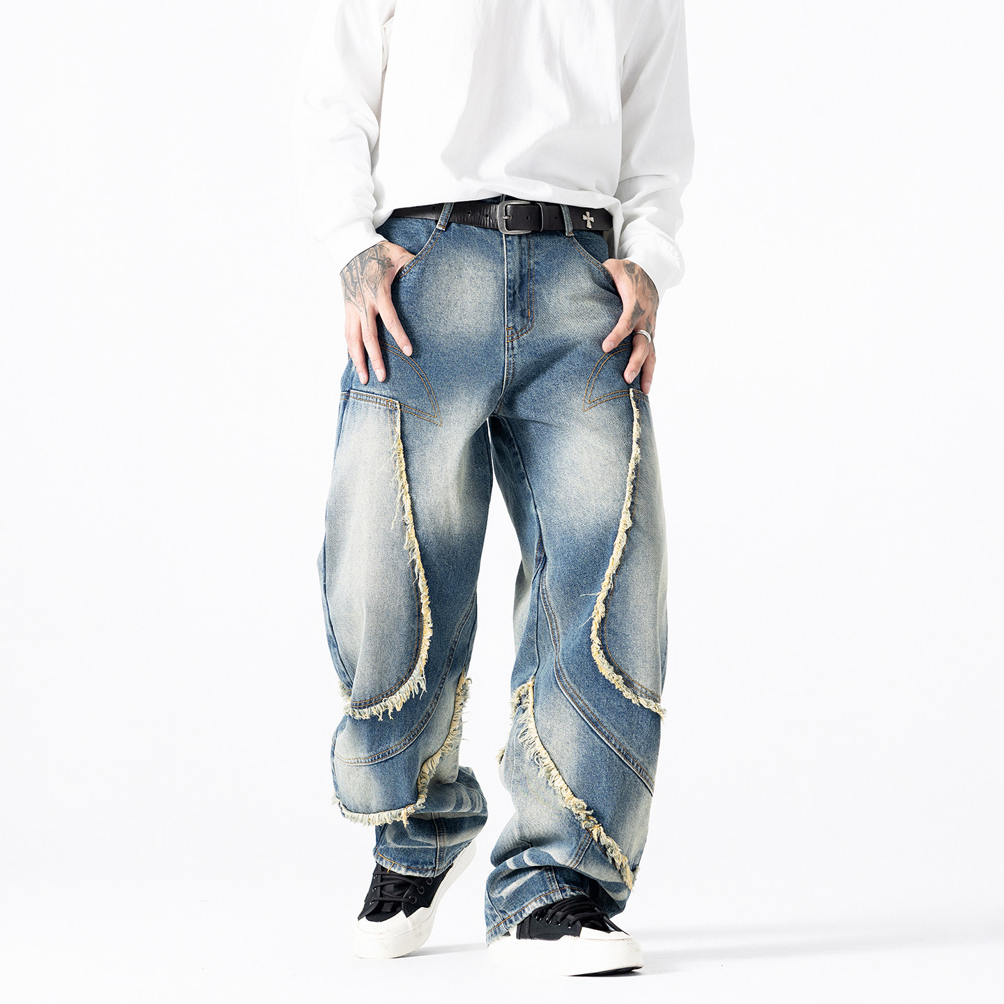 【原牛臻品】高端轻奢男士宽松牛仔裤弯刀裤复古做旧拼接毛边阔腿