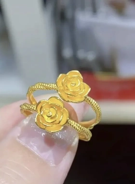 镀真金强保色古法沙金真爱玫瑰花戒指女镀金开口可调节戒指结婚
