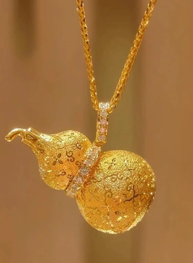 古法设计金色拉丝福禄葫芦吊坠项链新中式碎砖轻奢高级感精工项链