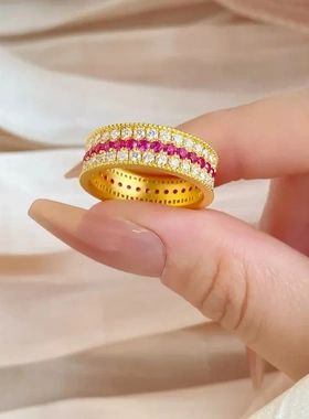 轻奢高级中古风彩色围镶红宝石三排钻戒指新款时尚奢华气质食指戒