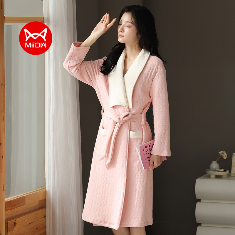 猫人女秋冬睡袍纯棉夹棉加厚款浴袍洋气中长款长袖睡衣家居服睡裙
