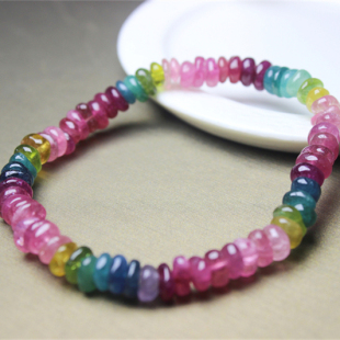 F79碧玺巴西多色彩虹圈粉蓝天然碧玺随形珠手链手串宝石饰品证书